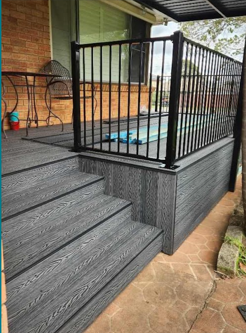 Composite decking with metal balustrade